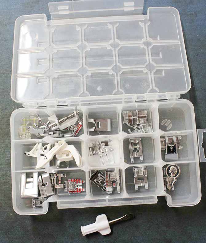 Storage box for sewing machine presser feet