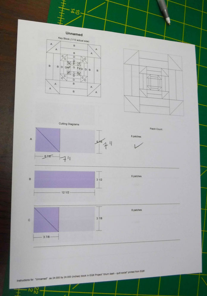 Rotary cutting instructions from the computer-based quilt design software