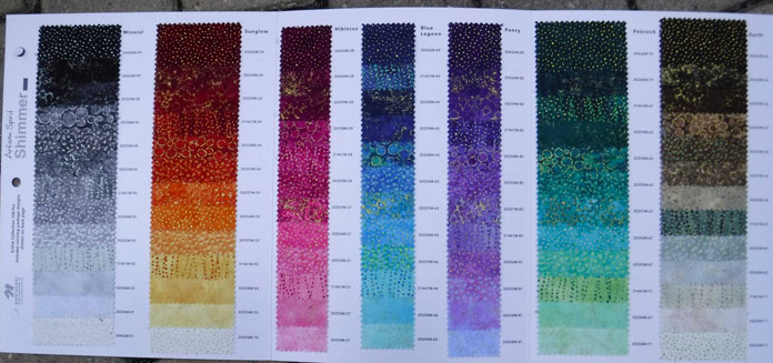 Swatch card of Shimmer in 7 colors and a wide range of values within each colorway