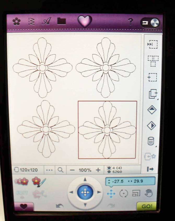 One of the four images is selected (in the red box) on the Embroidery Edit screen