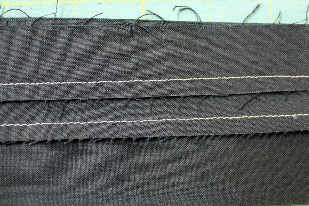 Two seams stitched side by side with a stitch length of 2.0 on the top row of stitching and 2.5 on the bottom row. The tension for both is superb.