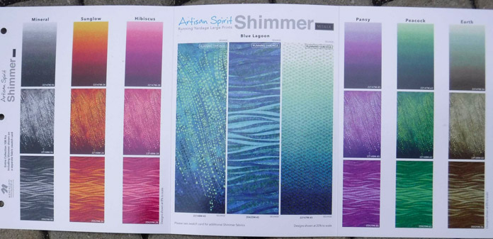 A color card showing the running yardage available in each of the seven Shimmer colorways