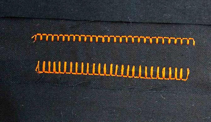 This blanket stitch has one stitch between the prongs, and looks much heavier than the previous blanket stitch even though the same thread was used. Each part of this blanket stitch is double stitched for a heavy look.