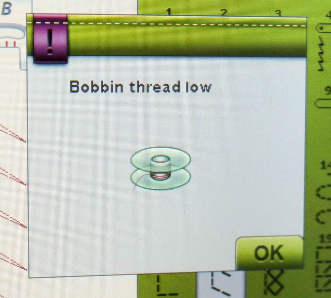 "Bobbin thread low" pop up message