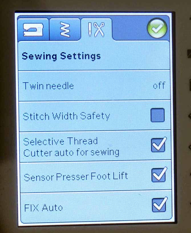 Sewing settings menu