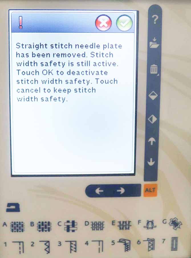 Second pop up safety message regarding the Stitch Width