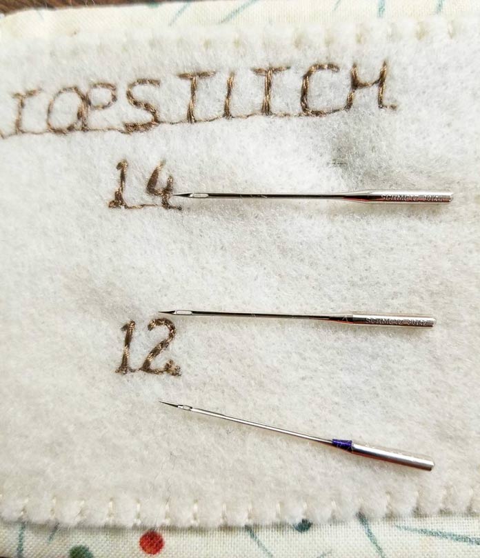 A Size 14 Topstitch needle, a Size 12 Topstitch needle and a Size 10 Microtex Sharp Needle