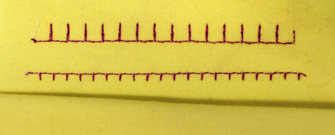 Here are a couple of stitch-outs of the blanket stitch. Actually the larger one is technically an overcast stitch, but it can be used for the blanket stitch. Again there is a lot of flexibility in the width and length of the stitch. The stitches can also be mirrored so that continuous line of stitching can be on the right or the left.
