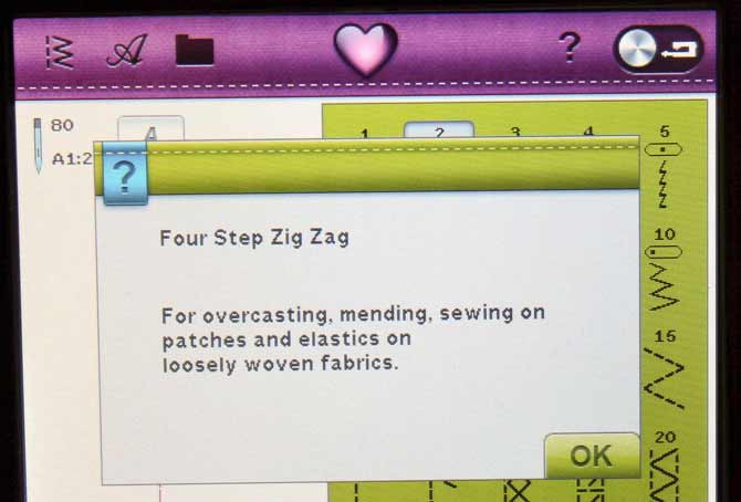 The pop-up Quick Help describing the Four Step Zig Zag stitch