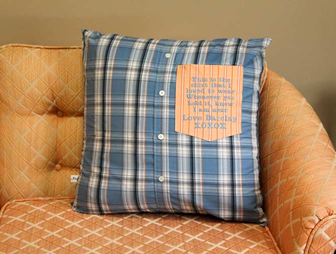 Memory pillow with embroidered sentiment on the pocket