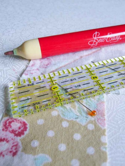 Join the binding strips together by sewing a diagonal seam. Use the marking pencil to make sure this seam is accurate.