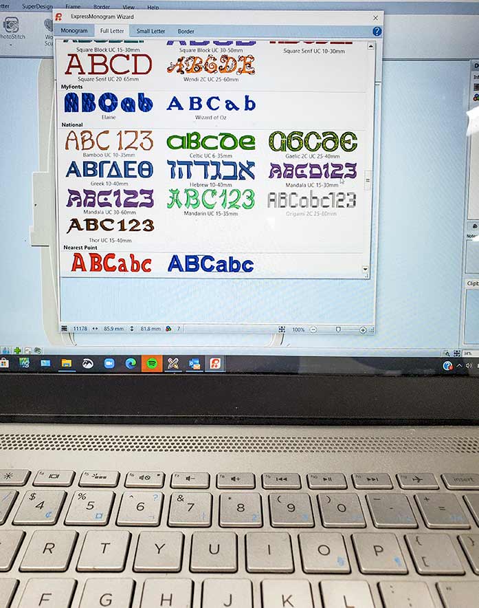 Fonts available in the Premier +2 Embroidery software