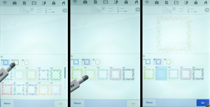 Select two color sashing, pick your fave, and Set it on the Brother Luminaire XP