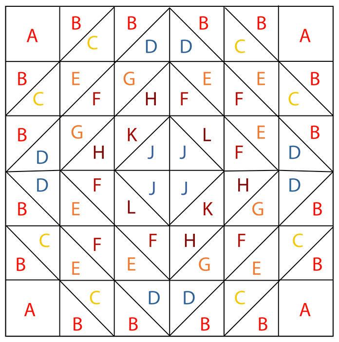 The layout diagram for Block 3 for the Spectrum QAL 2020 quilt featuring Benartex Wave Texture fabrics.