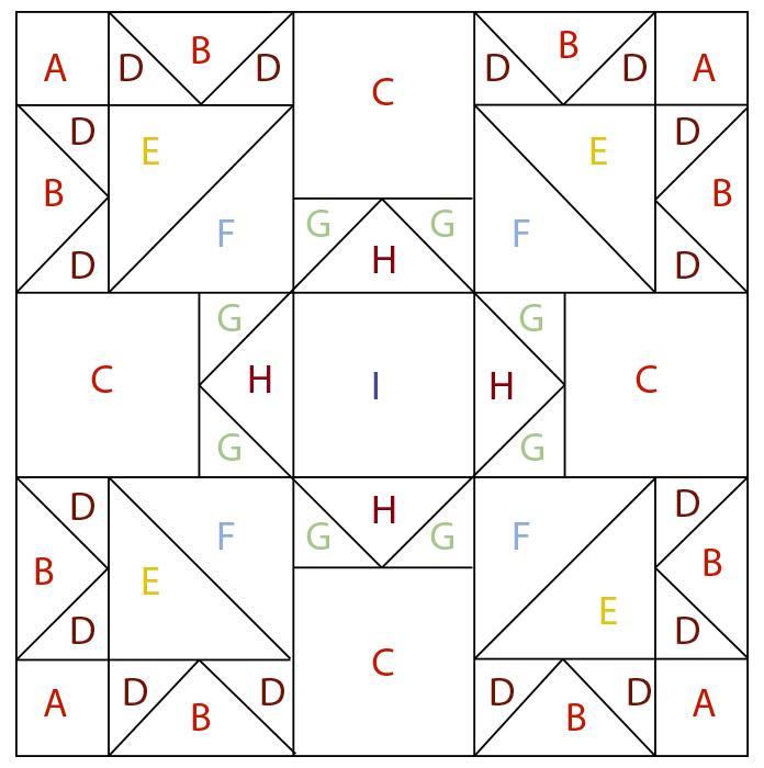 The design layout diagram for Block 6 in the Spectrum QAL 2020 quilt design features fabrics from the Wave Texture collection by Benartex. 