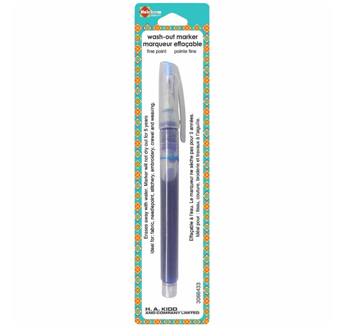 Recommended Heirloom Wash-out Marker in blue, a fantastic marking tool that can be erased with a spray of water.