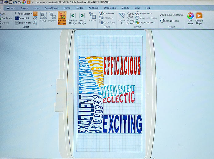 The letter E created in the Word Sculpt Wizard of the PREMIER +2 Embroidery Software System