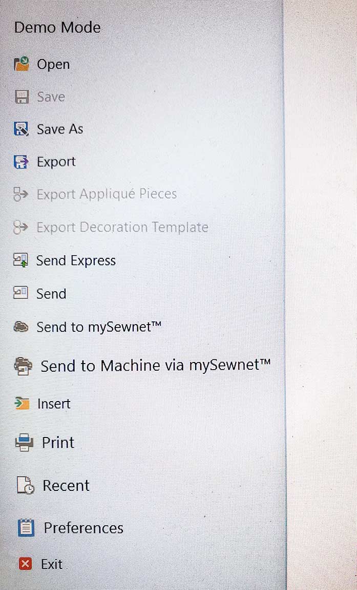 Menu options for saving a design file using mySewnet