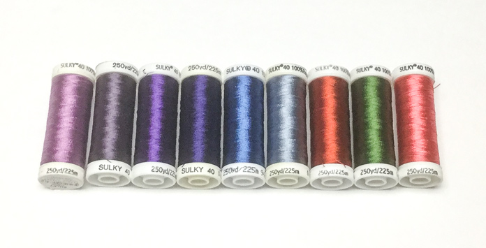 A selection of light, dark and medium color value Sulky 40 weight rayon thread; a tutorial on thread painting