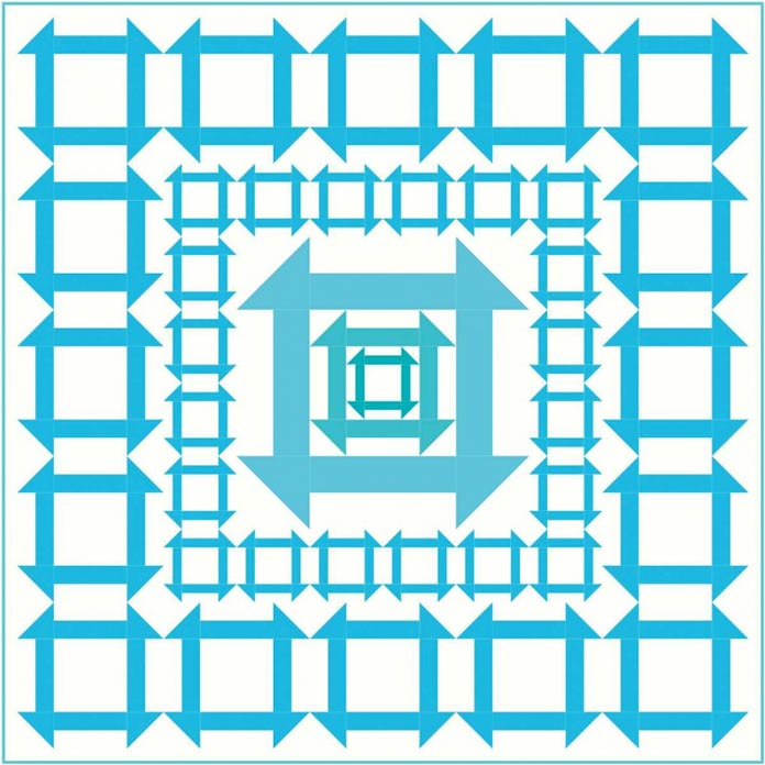 Triple churn dash block is used in the center with two rows of churn dash blocks for borders
