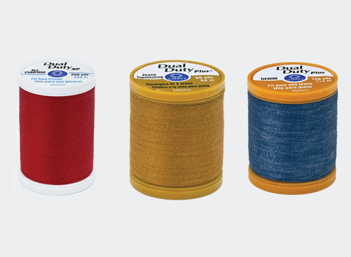 All the thread you need for sewing with denim from Coats Dual Duty XP and Plus collections: All Purpose, Jean Topstitching, and Denim threads