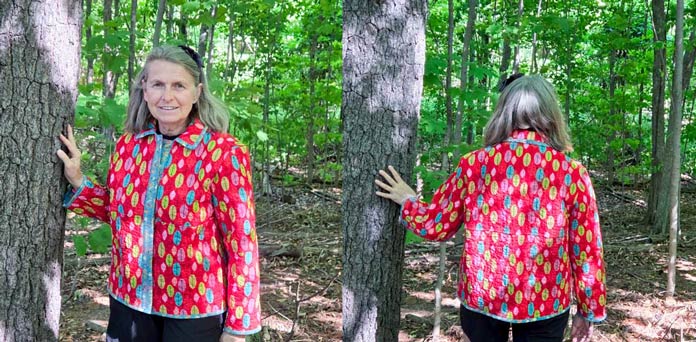 Elaine Theriault wearing her completed quilted jacket using Burda pattern 5941