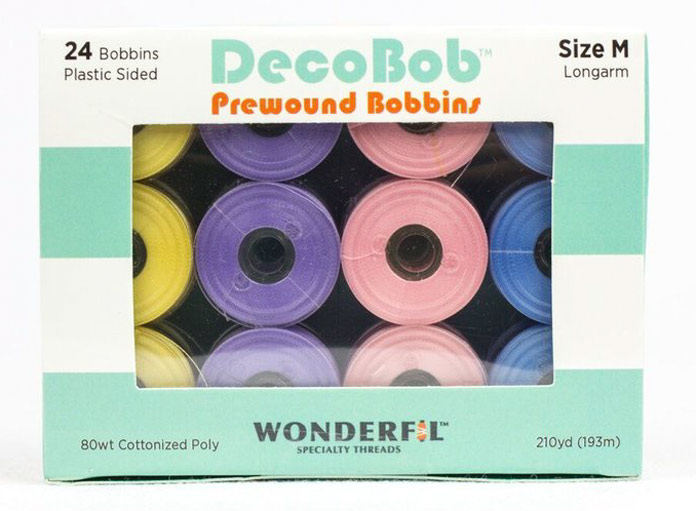 DecoBob is available in size L and M and class 15 prewound bobbins as well as larger spools.