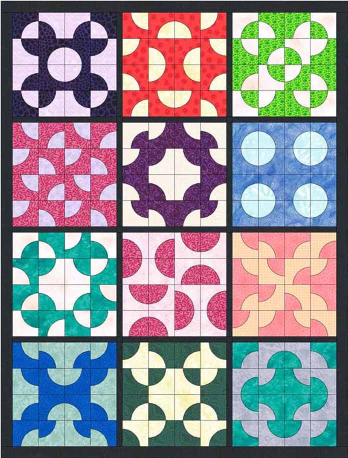 Twelve different ways to arrange Drunkard's Path blocks in a quilt
