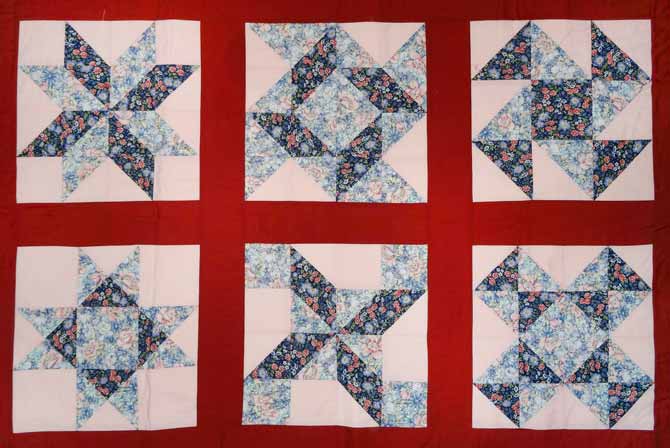 A basic lap quilt, a fun easy quilt for the beginner quilter. An opportunity to learn about blocks using squares, rectangles, half squares triangles and quarter squares triangles.