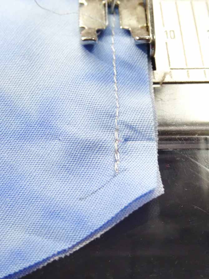 A seam is sewn between the two ¼" marks with back stitching on either end.