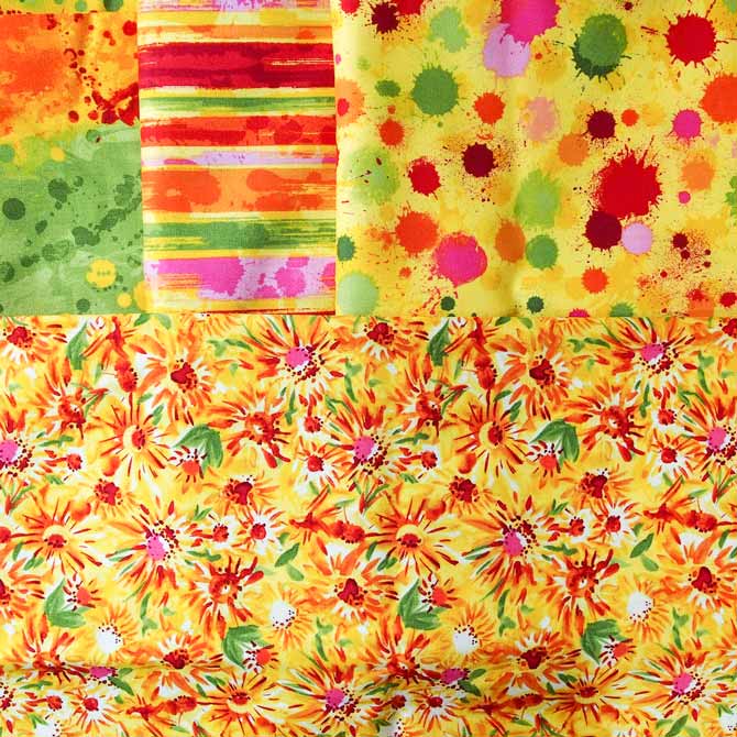4 fabrics in yellow with red, green and pink splotches, flowers and stripes