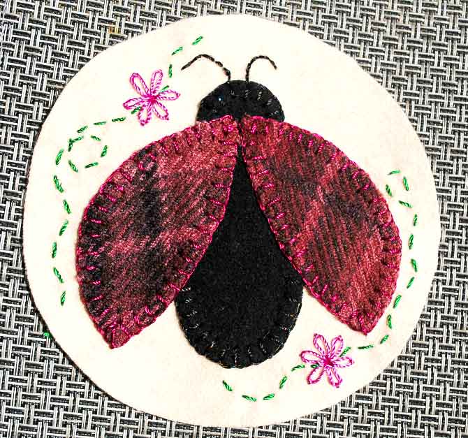 Finished lady bug applique. Notice the sparkle and shine of the Razzle and Dazzle threads!