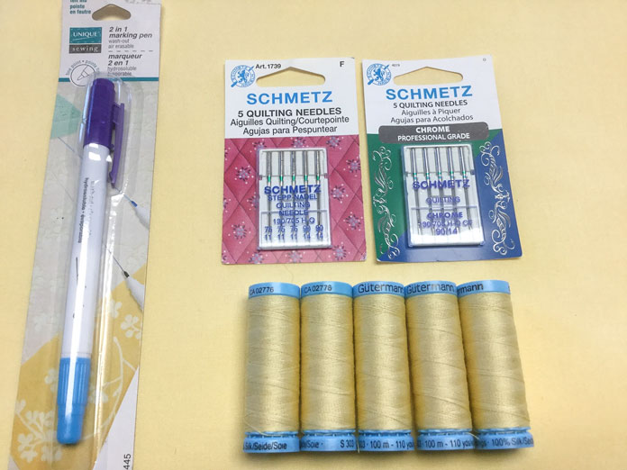 This week we're working with SCHMETZ needles, UNIQUE sewing erasable marker, Fairfield batting and the very luxurious GÜTERMANN 100% Spun Silk Thread 100m