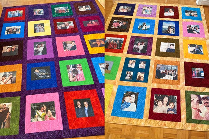 Colorful memory quilts with photos of people and family, made by quilter Paul Leger.