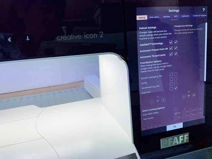 Computer screen on the PFAFF creative con 2 sewing machine showing the Settings Menu for Free Motion Options