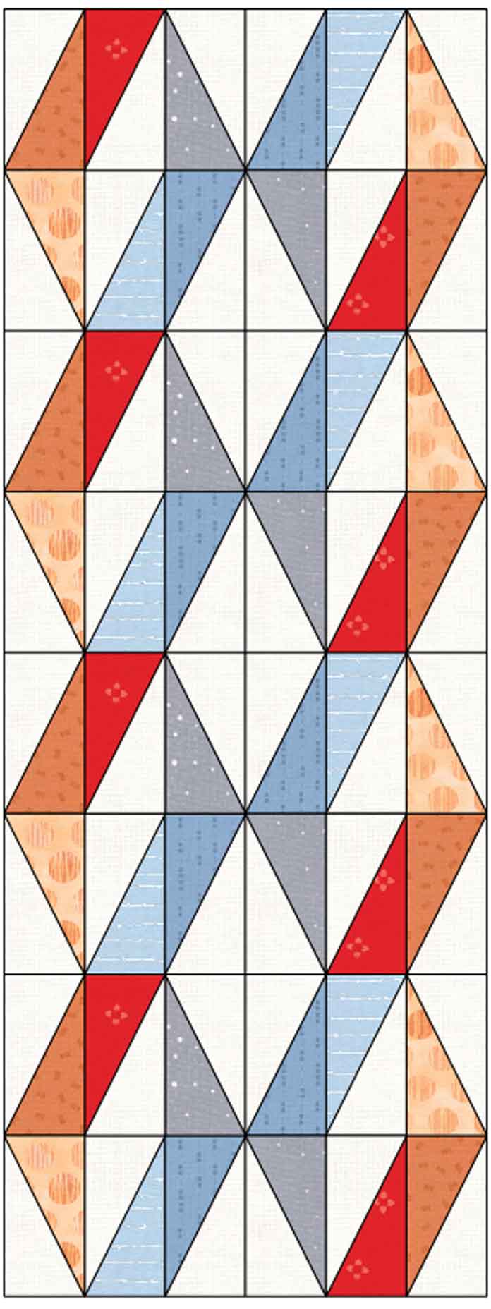 The layout plan for the Modern Half Rectangle Triangle Table Runner. Gütermann Thread, SCHMETZ Quilting Needles, UNIQUE Sewing Fast Fade Fabric Marker, Omnigrid Ruler, OLFA Rotary Cutter, Komfor Kut Rotating Cutting Mat, Fabric Creations Cotton Fabric