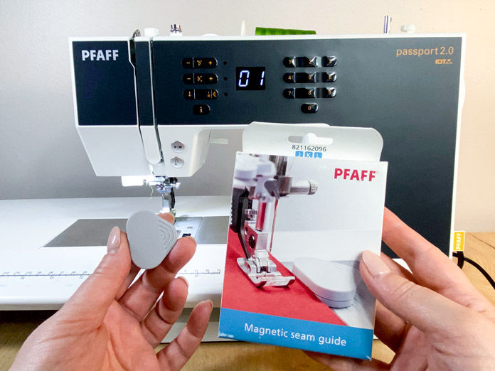 The PFAFF Magnetic Seam Guide is a magnetic guide that can be attached to the needle plate of a sewing machine for accurate sewing.