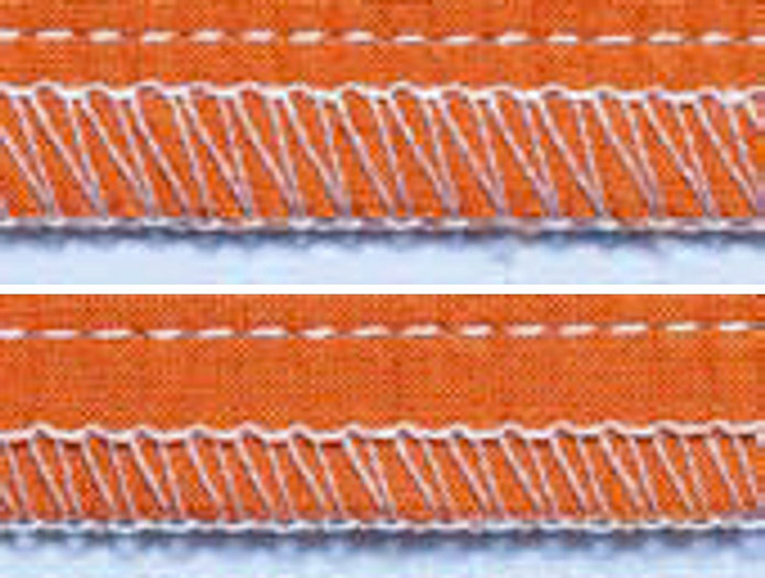 A picture of 2 seams using white thread on orange fabric, the top is a 5-thread safety stitch wide, a chainstitch with a 4-thread overlock edge. The bottom is a 5-thread safety stitch narrow consisting of a chainstitch and a narrow 4-thread overlock over the edge; PFAFF admire air 7000, GÜTERMANN  MCT Sew-all thread