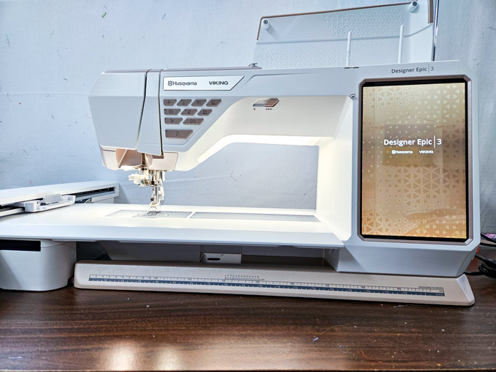 A gold and white sewing machine; machine embroidery, quilting, applique, cutwork embroidery, free-standing lace, embroidery techniques, HUSQVARNA VIKING, Designer Epic 3, mySewnet, JoyOS Advisor