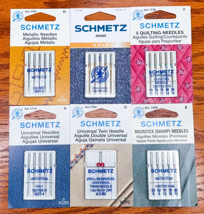 Six of 11 SCHMETZ needle types, Metallic, Jeans, Quilting, Universal, Twin and Microtex