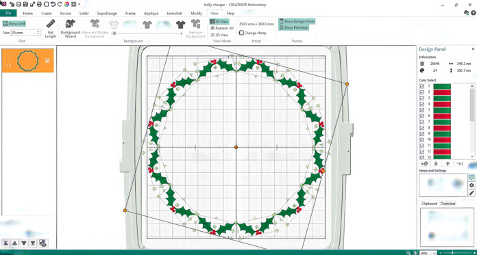 A screenshot of the CREATIVATE software screen, showing the holly and berry SuperDesigns repeated 12 times in a large circle on the outside edges of the stitchable area of a PFAFF creative Grand Dream Hoop (360X350) (optional accessory)