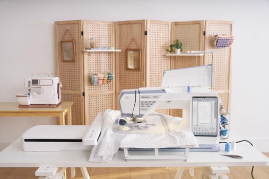 A blue and white embroidery machine