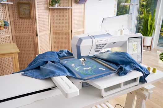 A blue and white embroidery machine