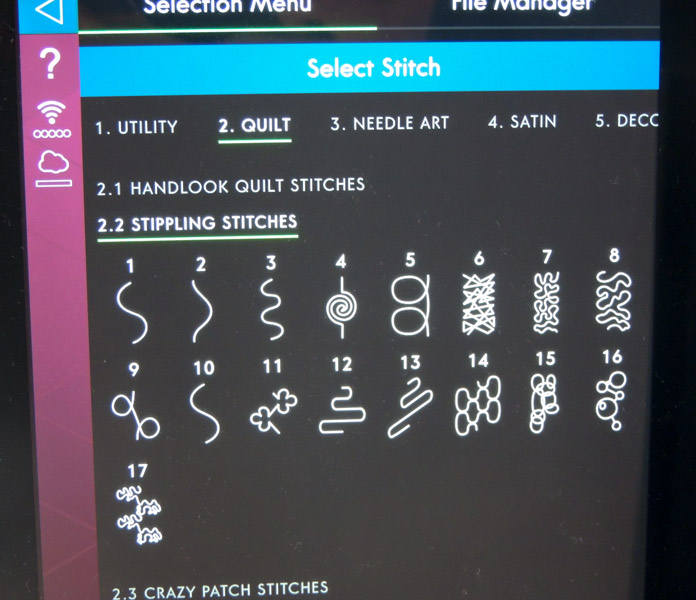 Computer screen on a sewing machine that shows 17 different stippling stitches; PFAFF performance icon