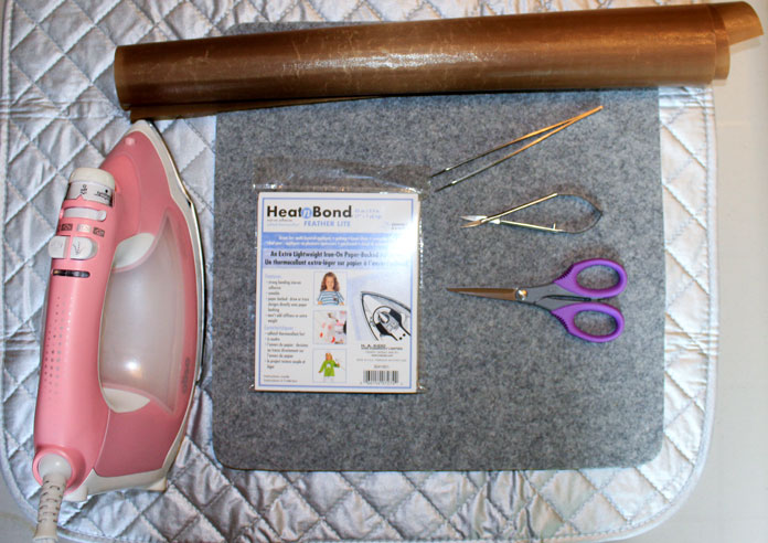 KAI scissors, Straight blades twizzers, Bent Tweezers, Wool pressing mat, Pressing Sheet, OLISO iron and HeatnBond Feather Lite