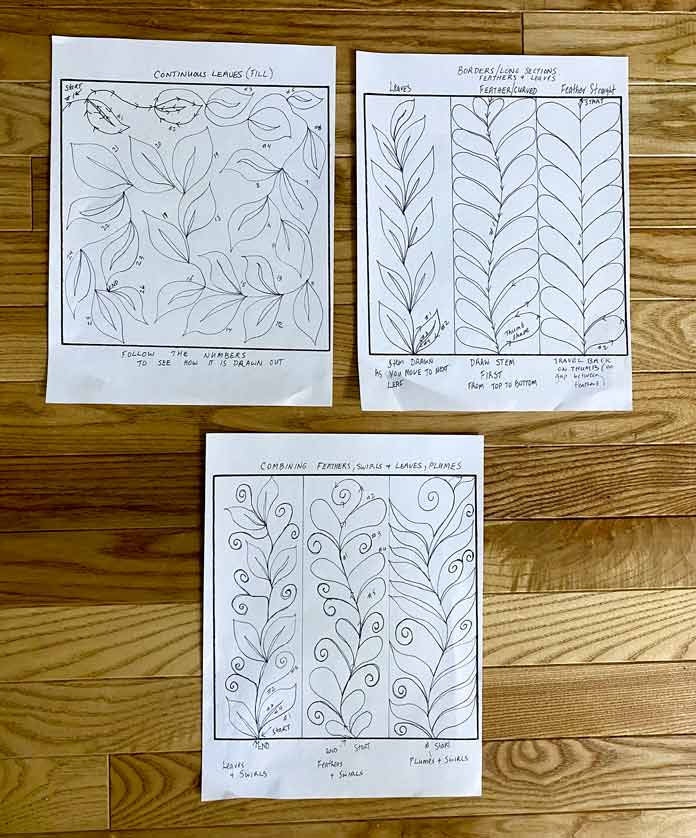 Drawing leaves, feathers and plumes for free motion quilting.