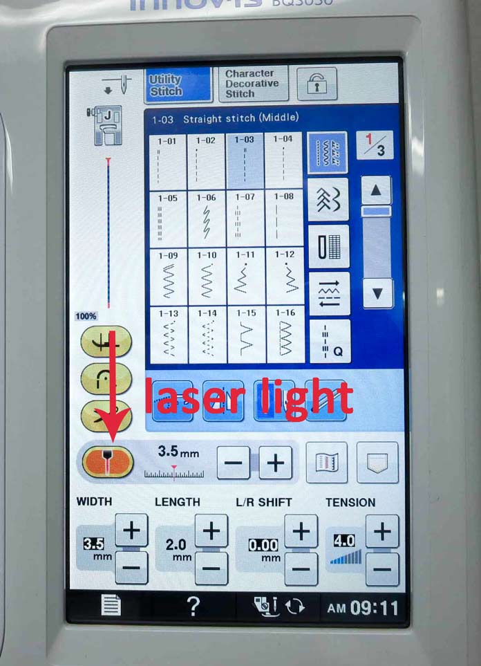 Laser light button on the LCD screen on the Brother BQ3100 machine