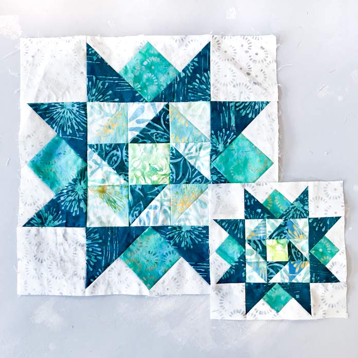 Block 8 of the Spectrum QAL 2020 in 12½" and 6½" sizes. Block 8 of the Spectrum QAL2020 made with Little Girl in the Blue Armchair collection by Anthology Fabrics