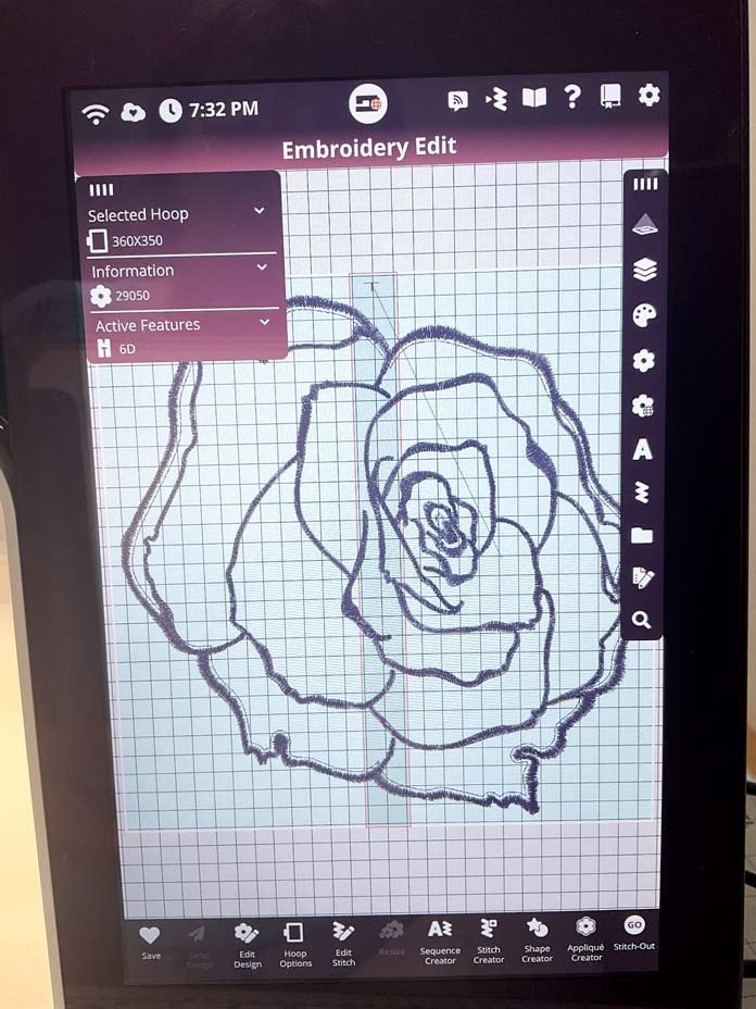 The Rose Applique design is now loaded onto the screen of my creative icon 2 and is centered in the 360 x 350 Grand Dream Hoop.