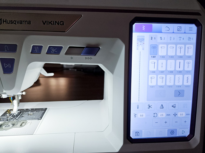 A screen on a computerized sewing machine; Husqvarna VIKING Designer Quartz 29, mySewnet Machine Embroidery Software, Husqvarna VIKING Tear-a-Way Light Stabilizer 15 Inches x 25 Yards